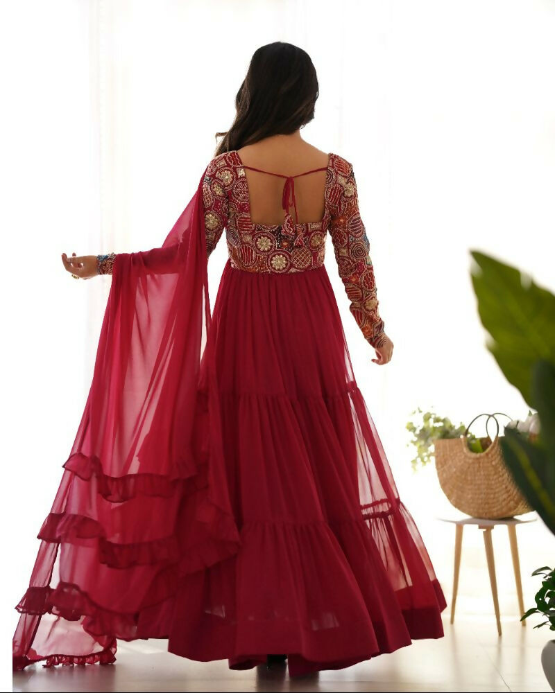Teeya Creation Maroon Color Faux Georgette Heavy Multi Thread Work Functional Wear Gown