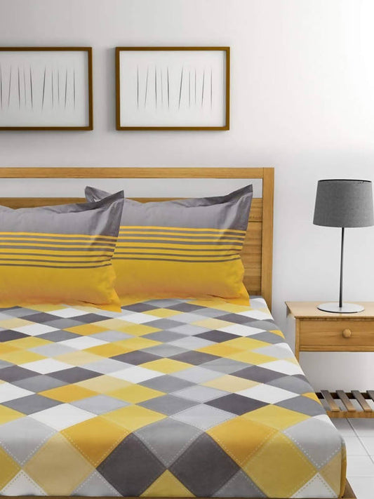 Vamika Printed Cotton Yellow & Multicolor Bedsheet With Pillow Covers (LEOC_CHECK_Y) - Grab2buy
