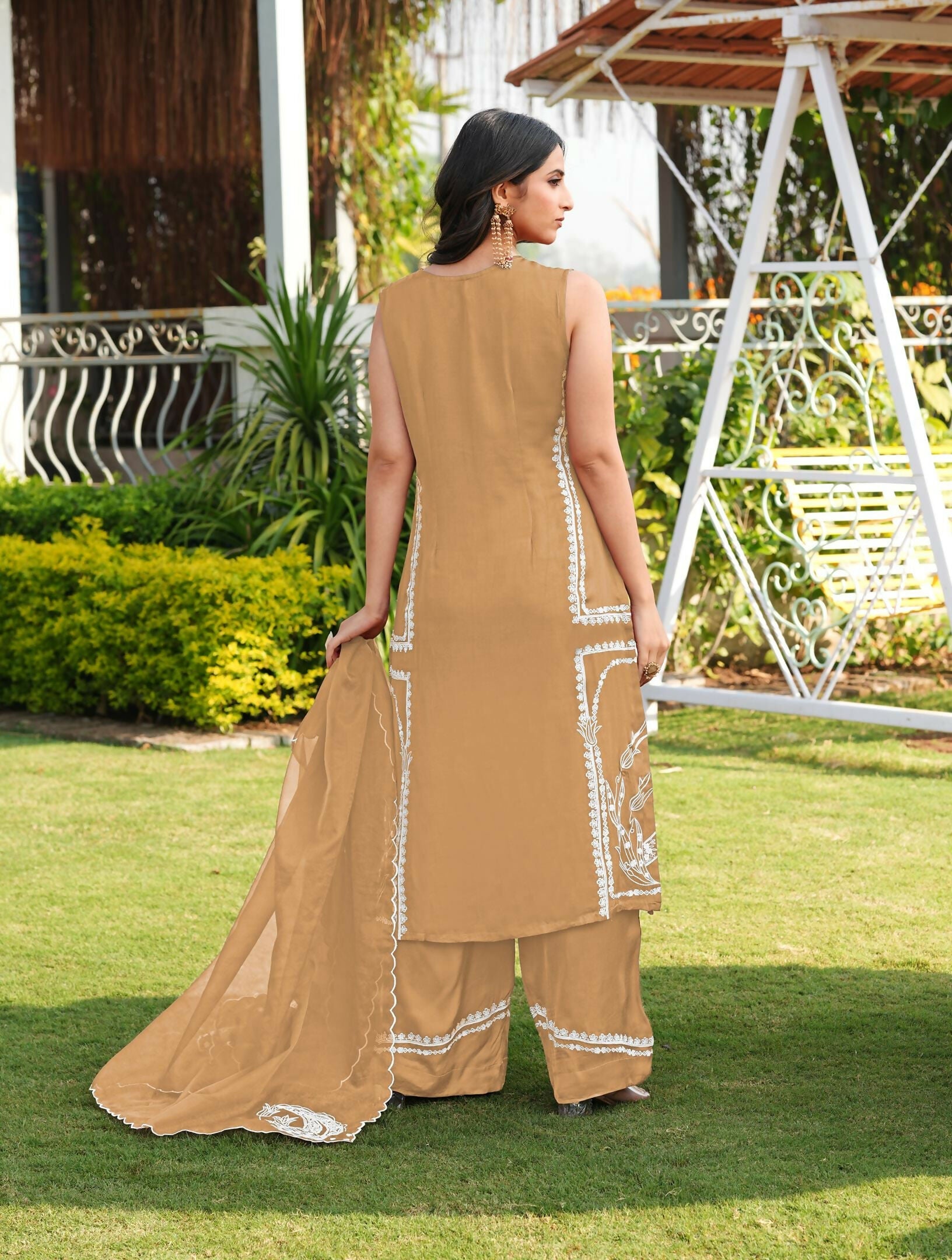 Nikhaar Light Brown Embroidered Modal Silk Stitched Straight Cut Kurta Culottes Dupatta Readymade Suit