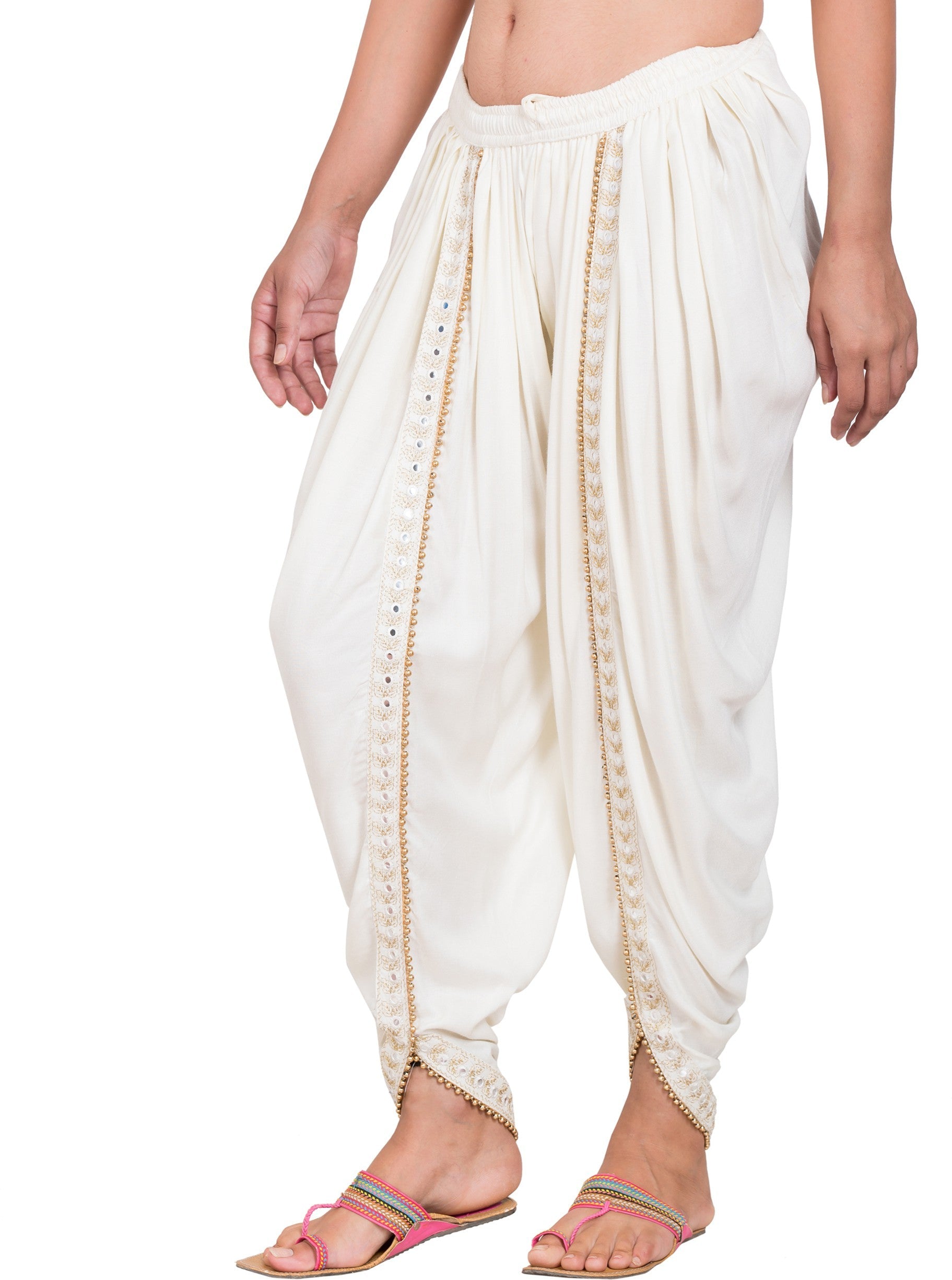 PAVONINE Off-White Color Embellished Beetel Rayon Fabric Patiala For Women & Girls