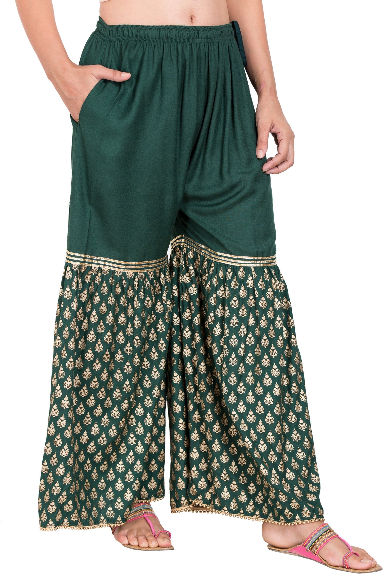 PAVONINE Bottle Green Color 3-Panels Sequence Printed Flared Sharara For Women & Girls