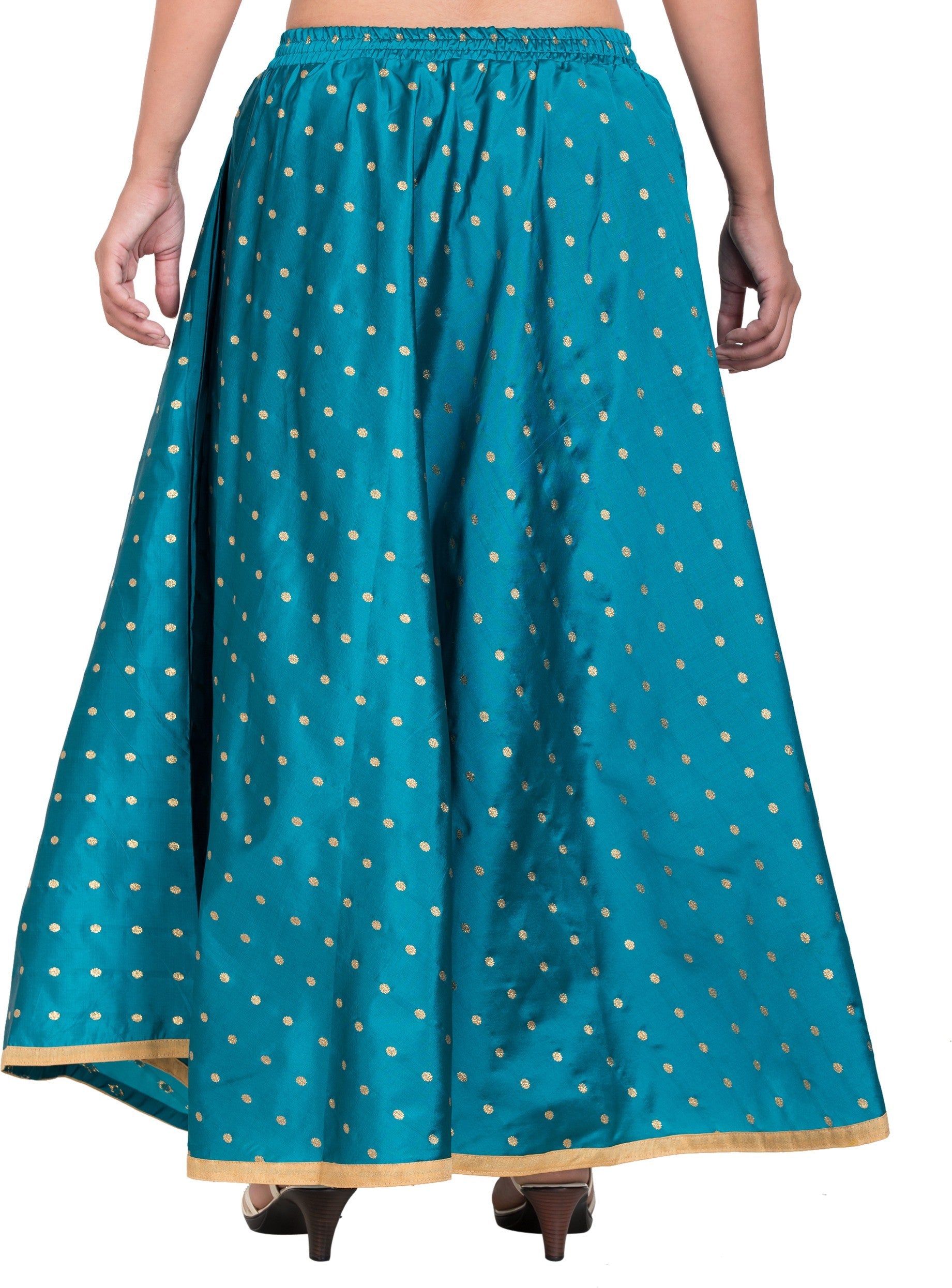 PAVONINE Firozi Color Golden Zari Work Satan Fabric Maxi Skirt For Women