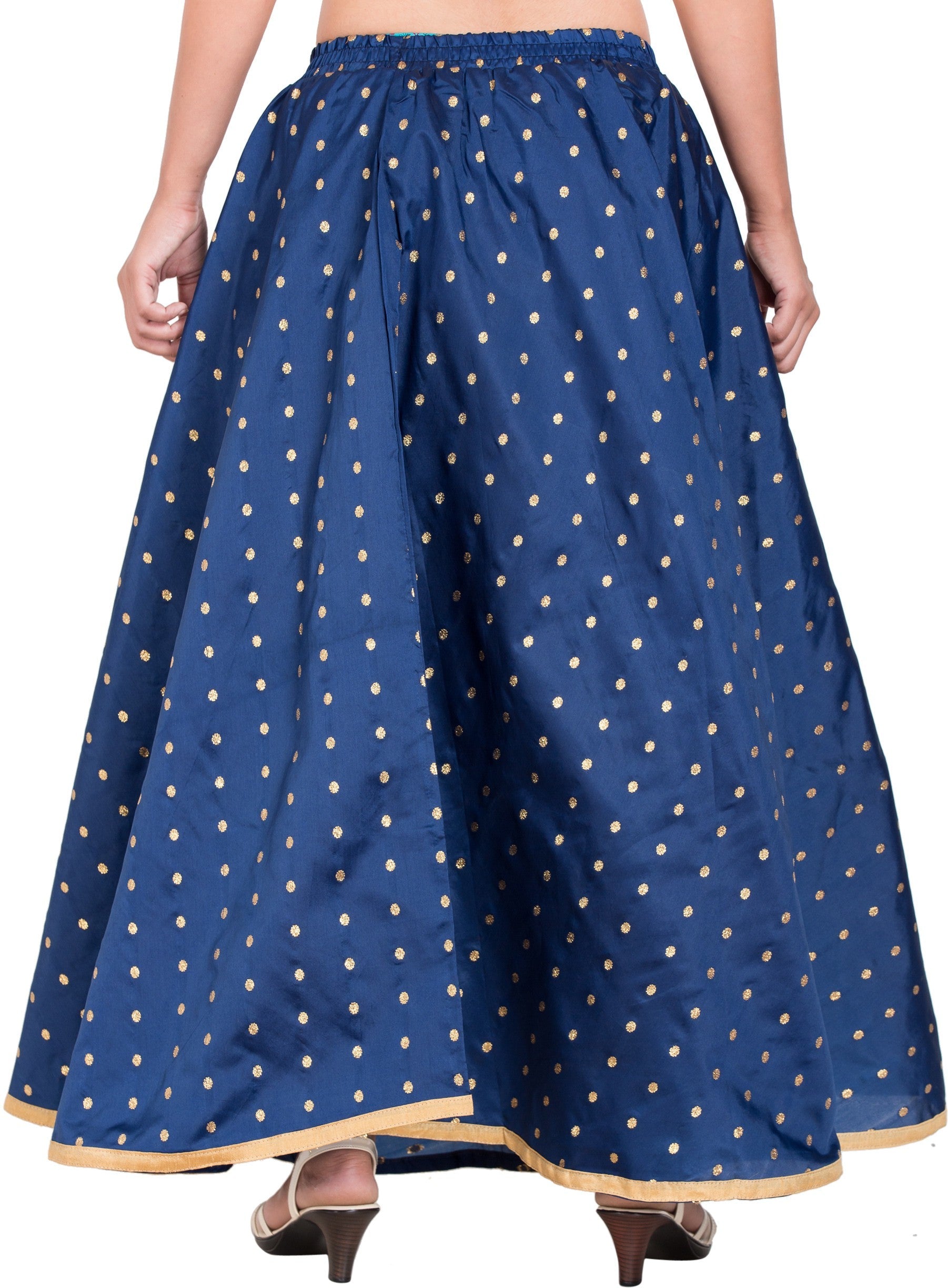 PAVONINE Navy Blue Color Golden Zari Work Satan Fabric Maxi Skirt For Women