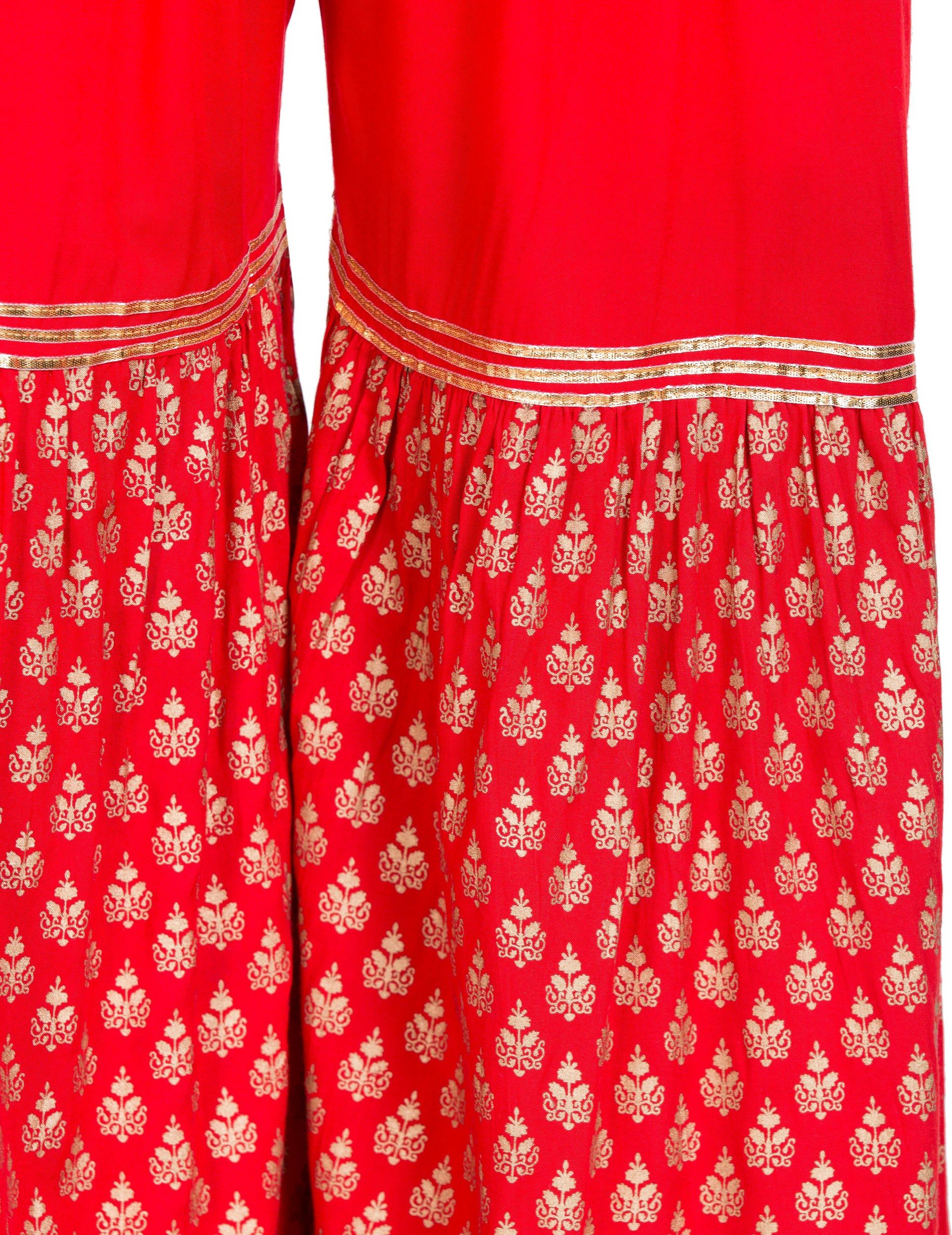 PAVONINE Red Color 3-Panels Sequence Printed Flared Sharara For Women & Girls
