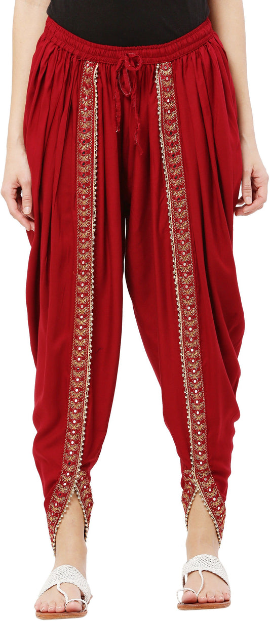 PAVONINE Maroon Color Embellished Beetel Rayon Fabric Patiala For Women & Girls