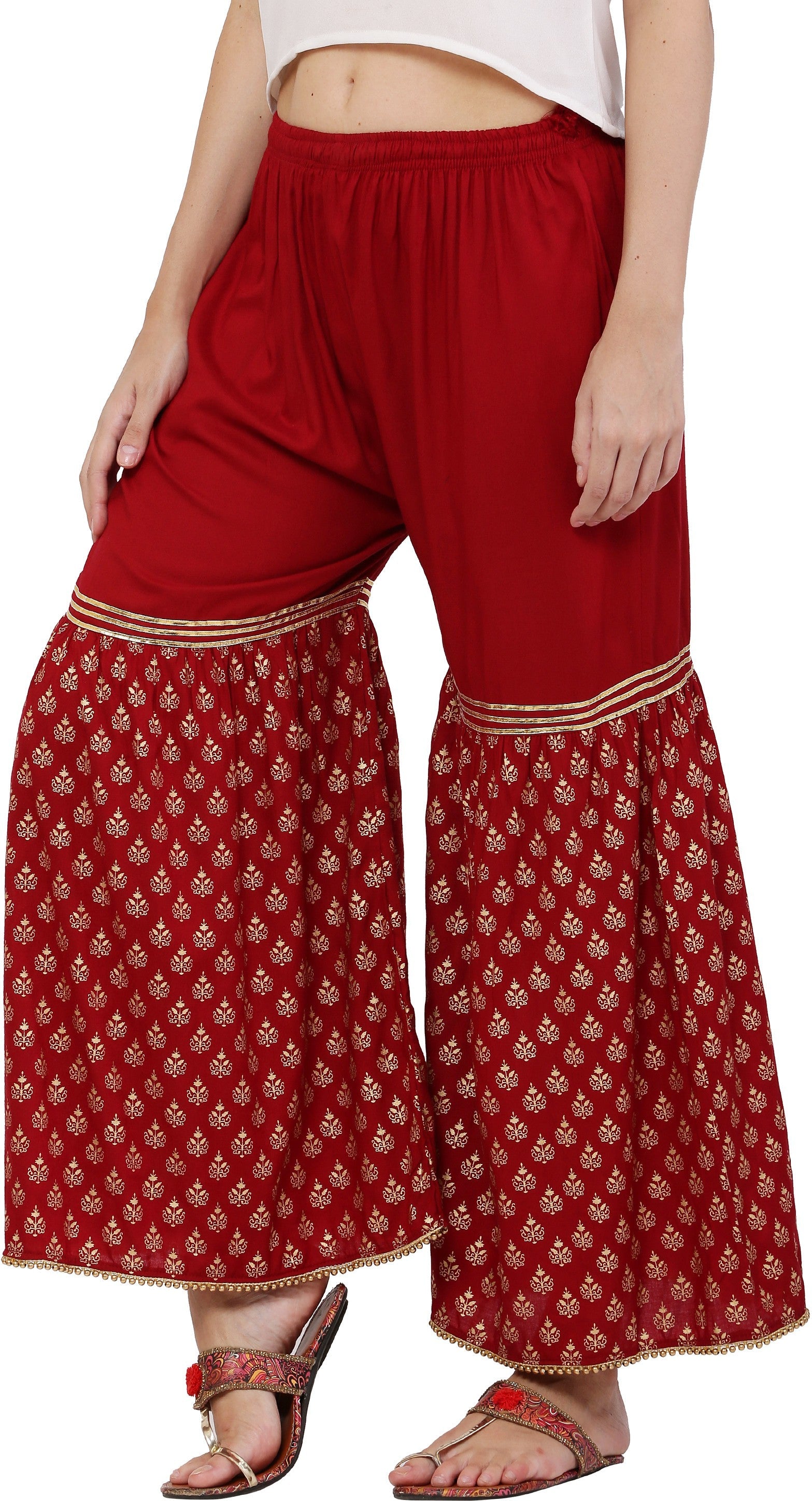PAVONINE Maroon Color 3-Panels Sequence Printed Flared Sharara For Women & Girls