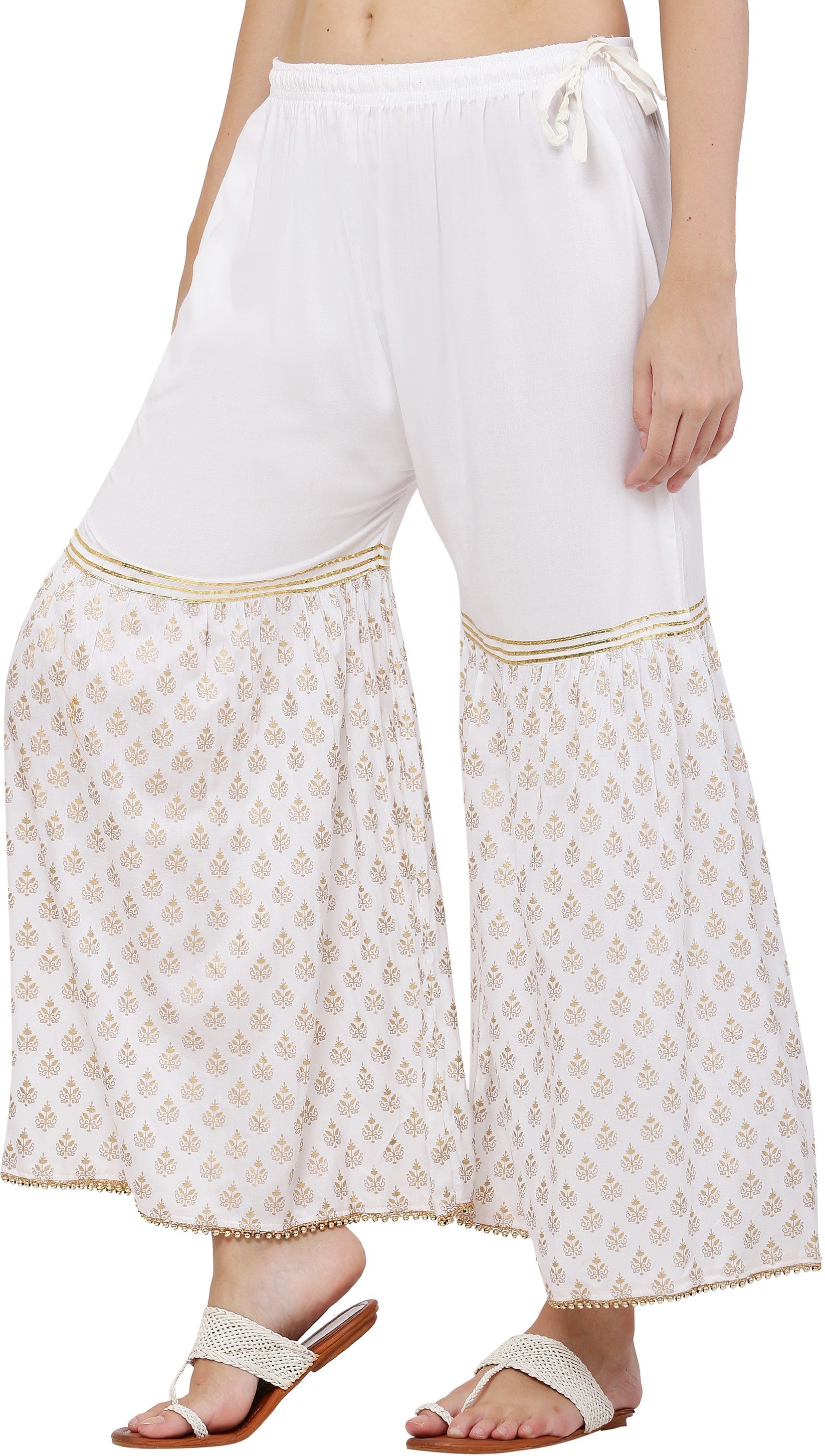 PAVONINE White Color 3-Panels Sequence Printed Flared Sharara For Women & Girls