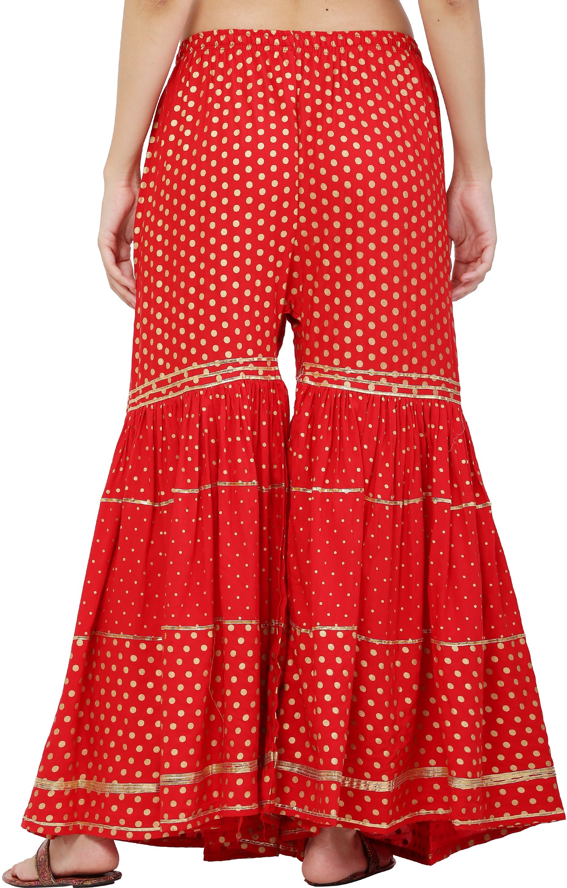 PAVONINE Red Color 3-Panels Golden Printed Flared Sharara For Women & Girls