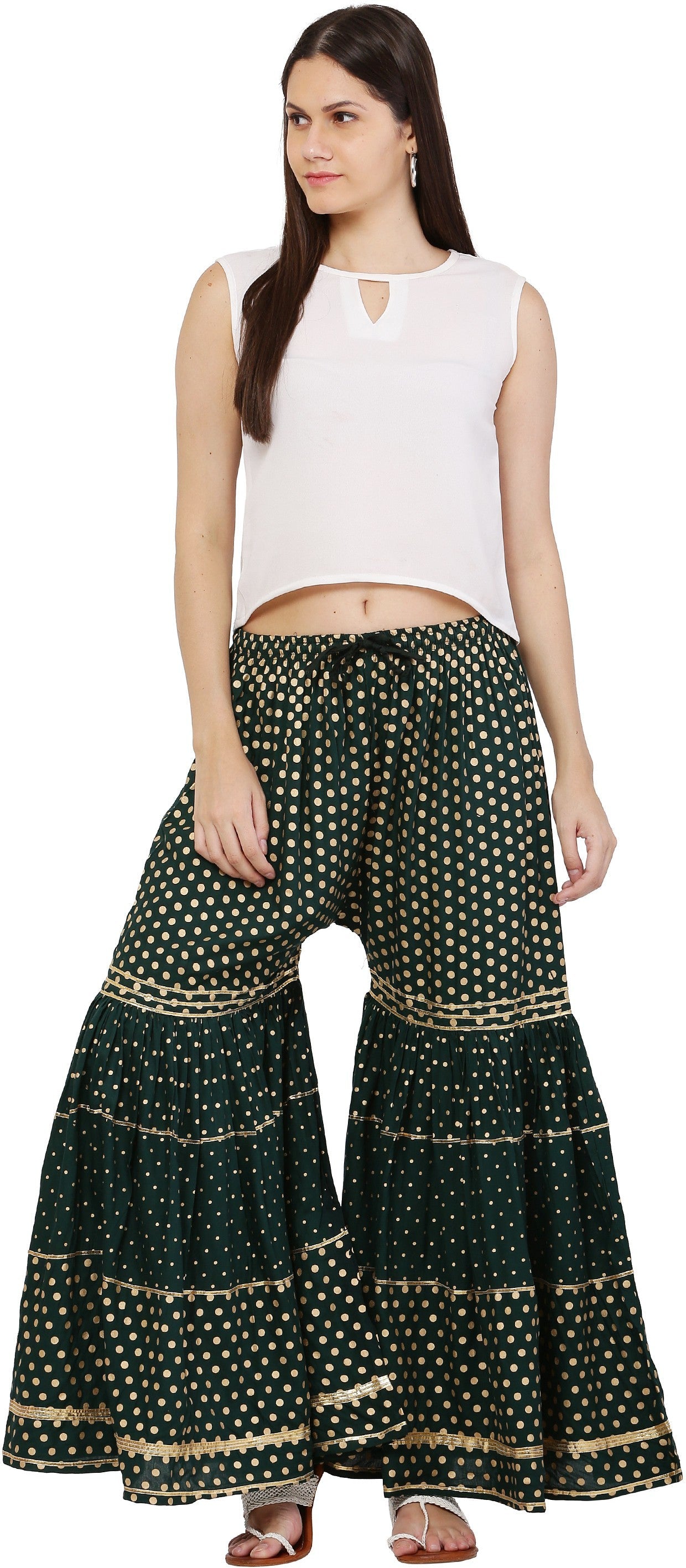 PAVONINE Bottle Green Color 3-Panels Golden Printed Flared Sharara For Women & Girls