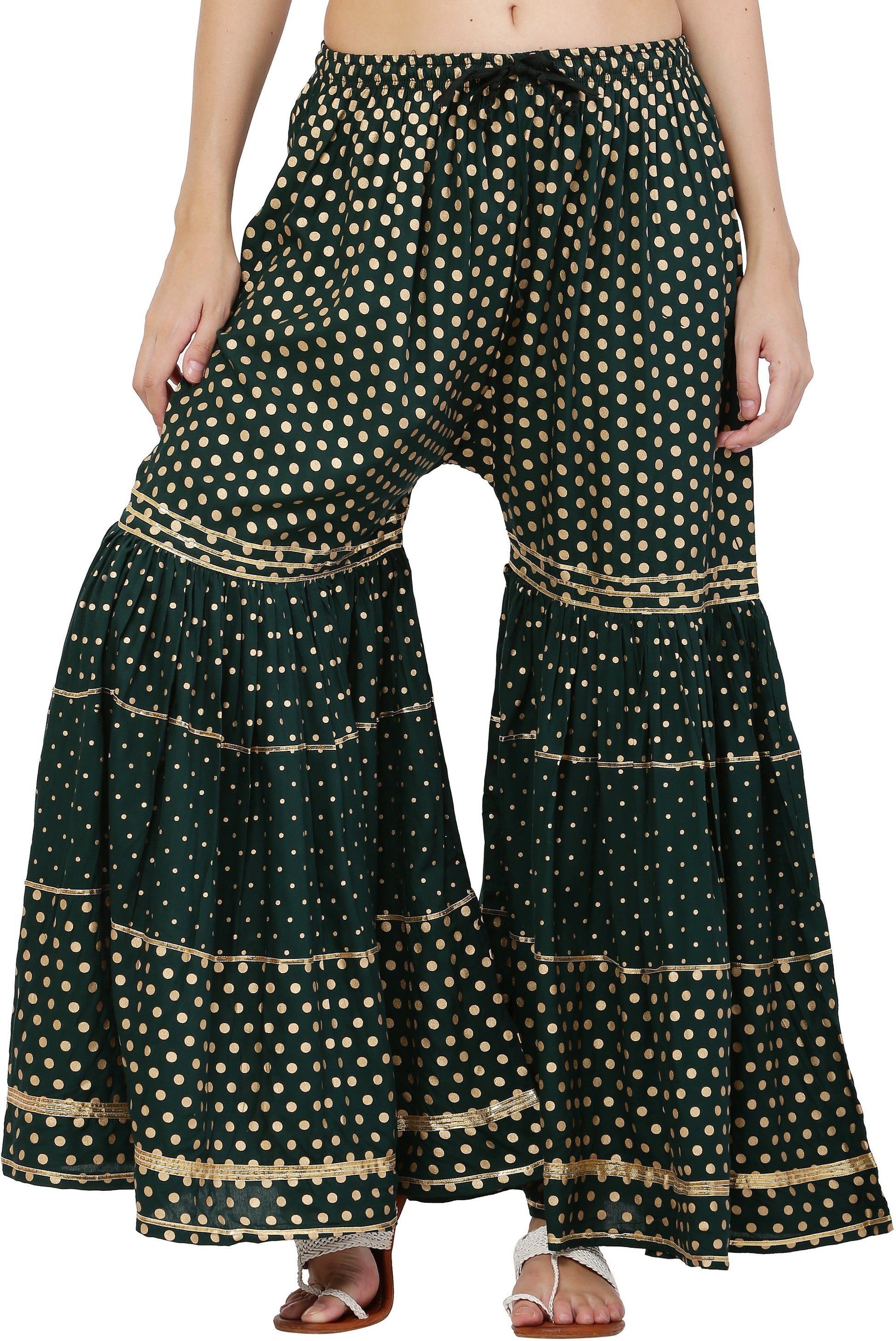 PAVONINE Bottle Green Color 3-Panels Golden Printed Flared Sharara For Women & Girls
