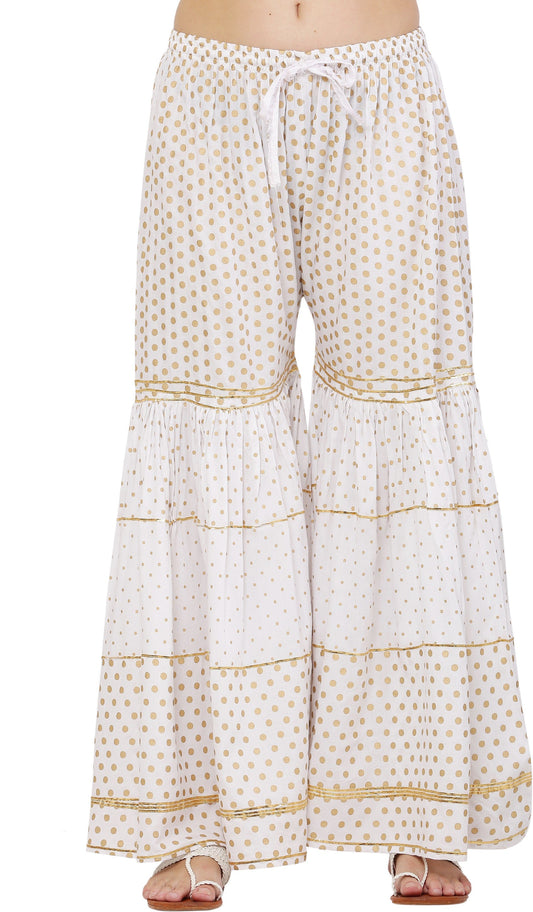 PAVONINE White Color 3-Panels Golden Printed Flared Sharara For Women & Girls