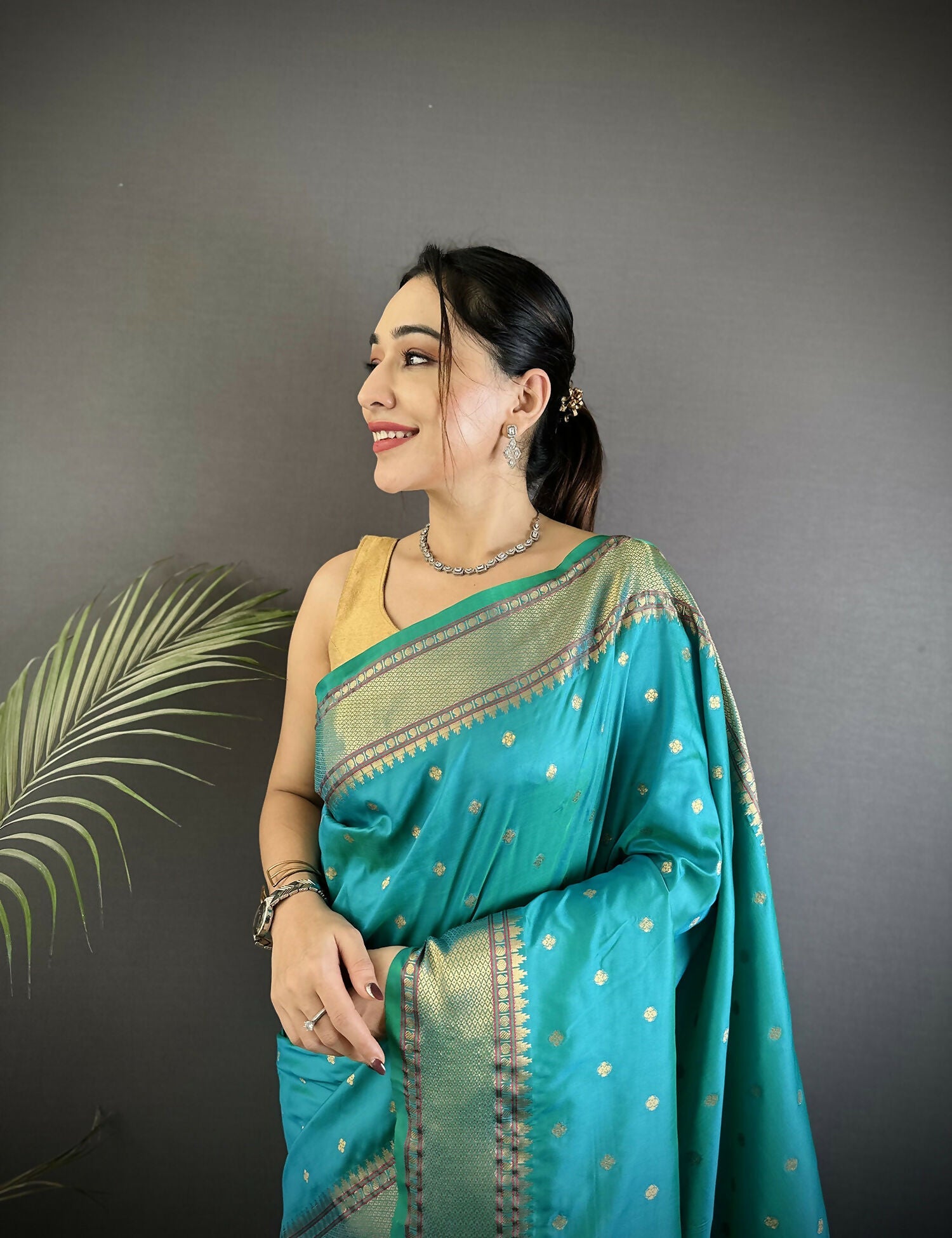 Joban Fashion Teal Butti Woven Soft Lichi Silk Paithani Saree