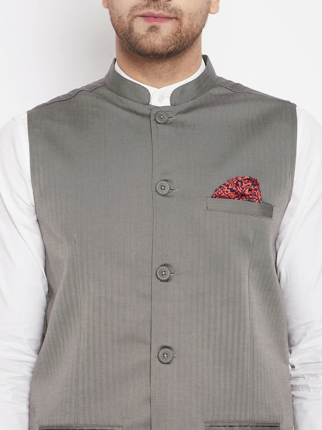 Even Apparels Grey Polyester Men's Nehru Jacket-Contrast Lining-Inbuilt Pocket Square 