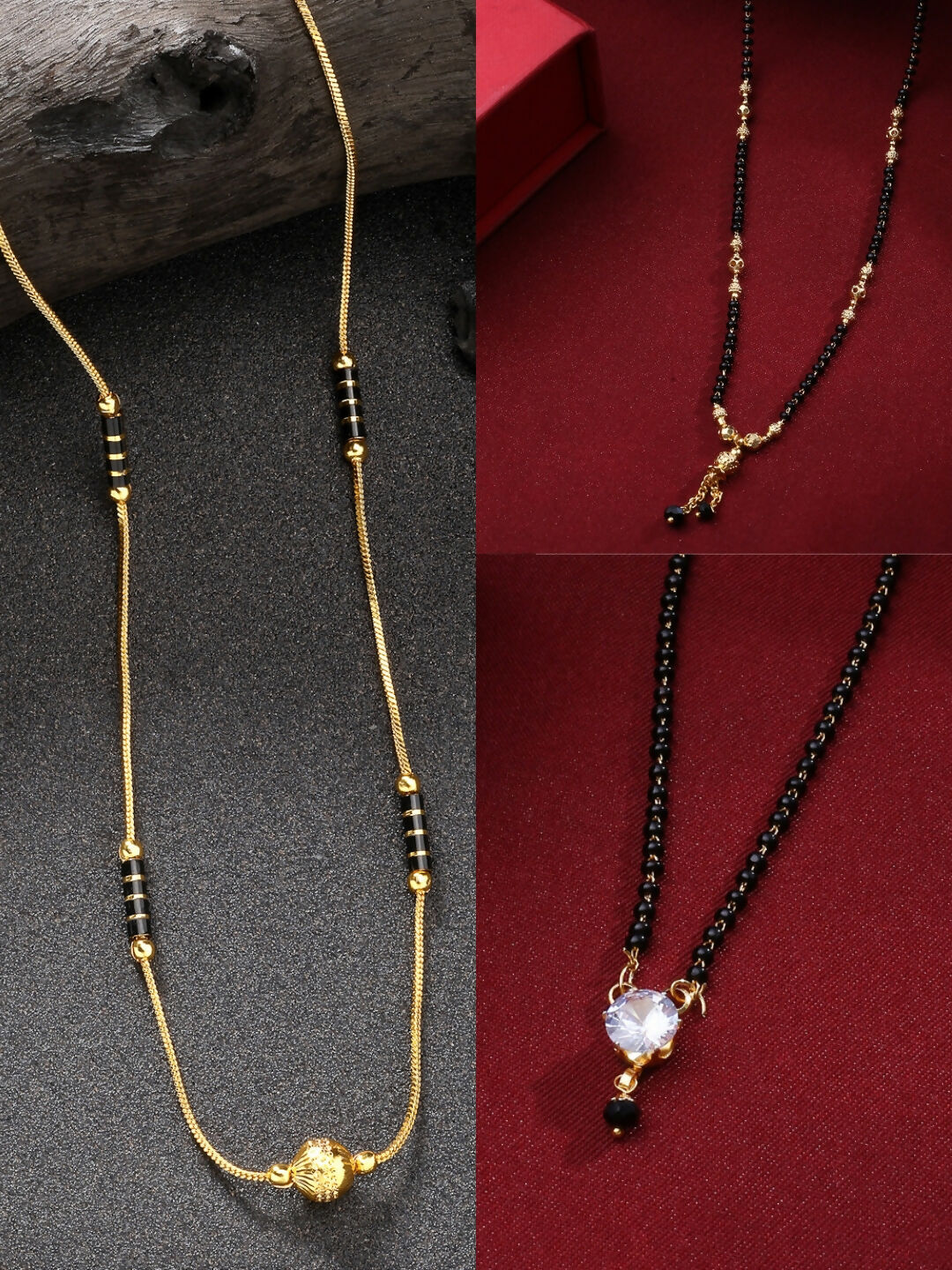 NVR Women's Set of 3 Gold-Polished CZ Stone-Studded & Beaded Mangalsutra 