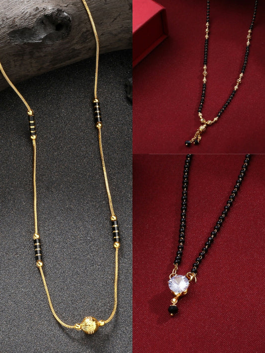 NVR Women's Set of 3 Gold-Polished CZ Stone-Studded & Beaded Mangalsutra 