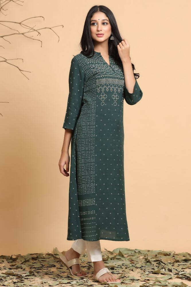 Juniper Women Jade Green Rayon Slub Bandhani Printed A-Line Kurta
