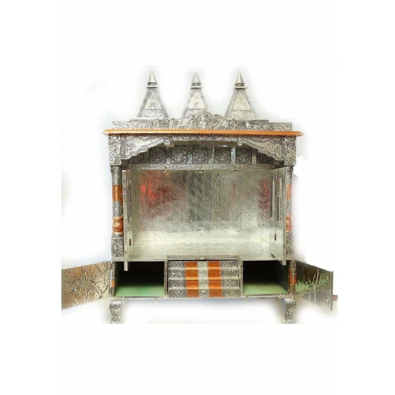Silver Coated 4 Door with 3 Monument Towers Silver Pooja Mandir / Silver Pooja Mandiram 