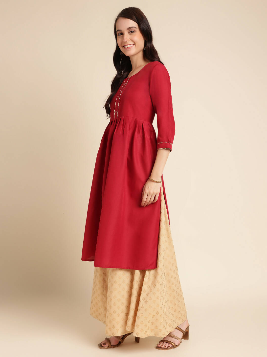 Red Poly Cotton Solid Nayra Cut Kurta - Tirtha