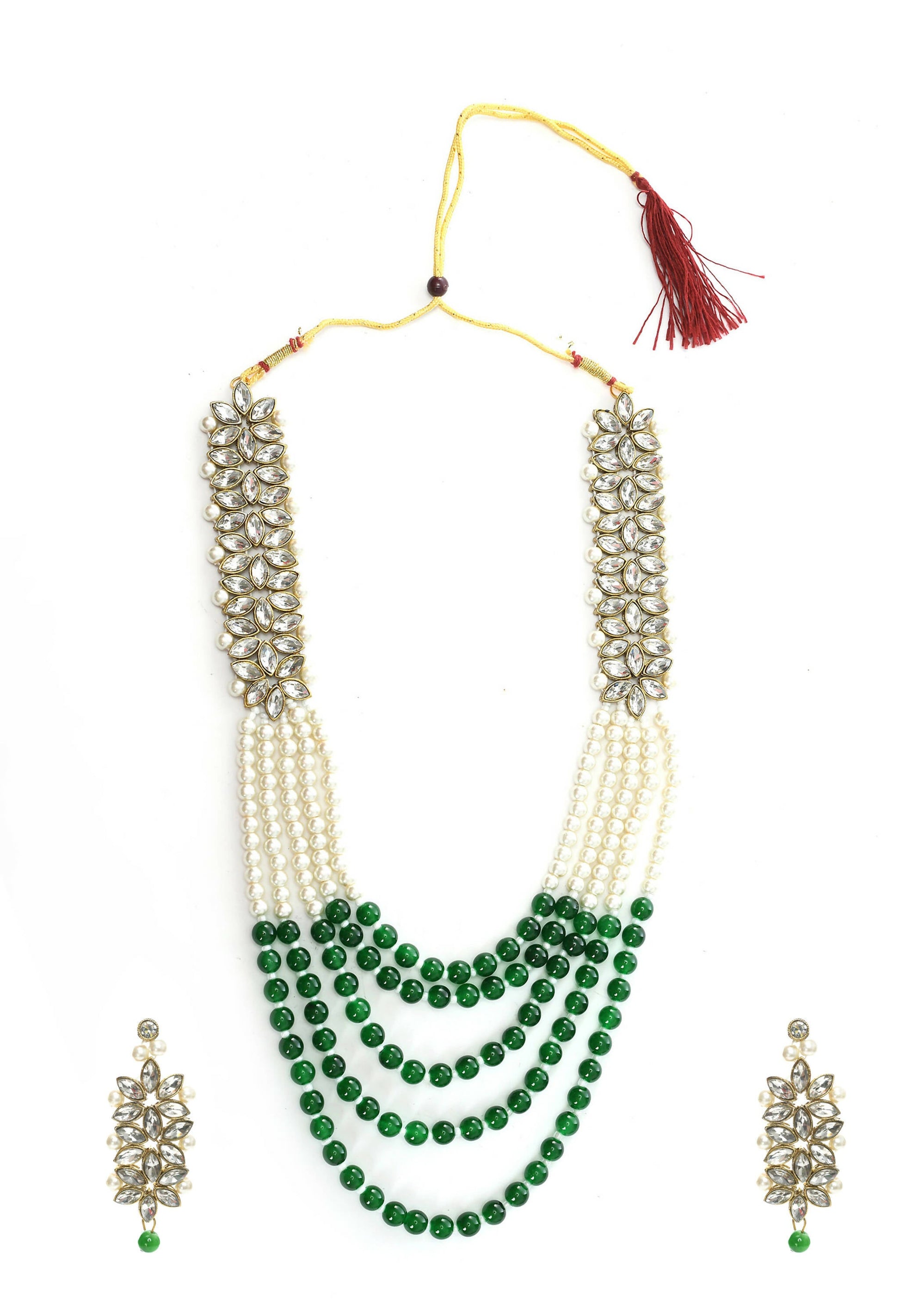 Mominos Fashion Johar Kamal Gold-Plated Rani Haar with Green and Off white Pearls Jewellery Set - Grab2buy