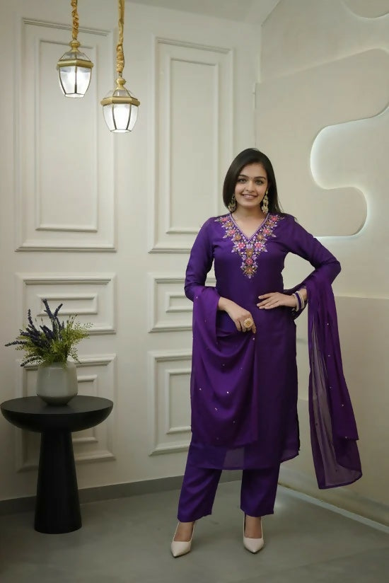 The52 Purple Women's Gorgeous Vichitra Fabric Embroidered Work Straight Kurta Pant and Dupatta Set | Grab2Buy