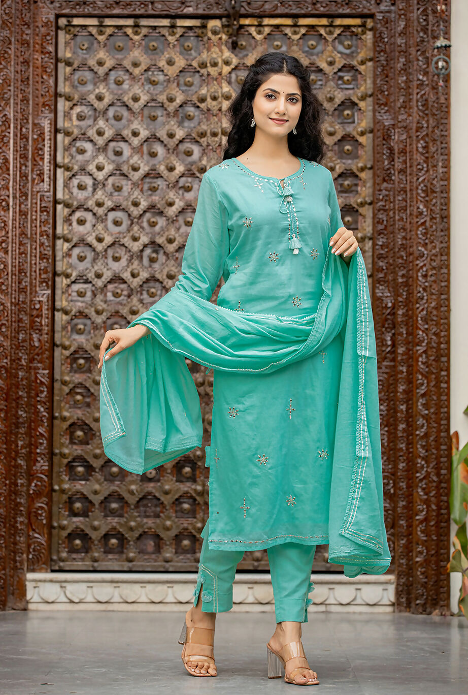 Kaajh Women's Sky Blue Mirror Embellished Cotton Suit Set