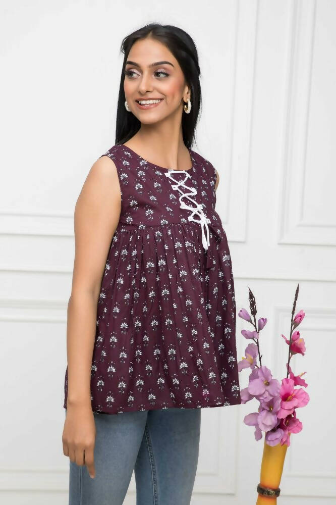Myshka Women Brown Solid Round Neck No Sleeves Pure Cotton Top