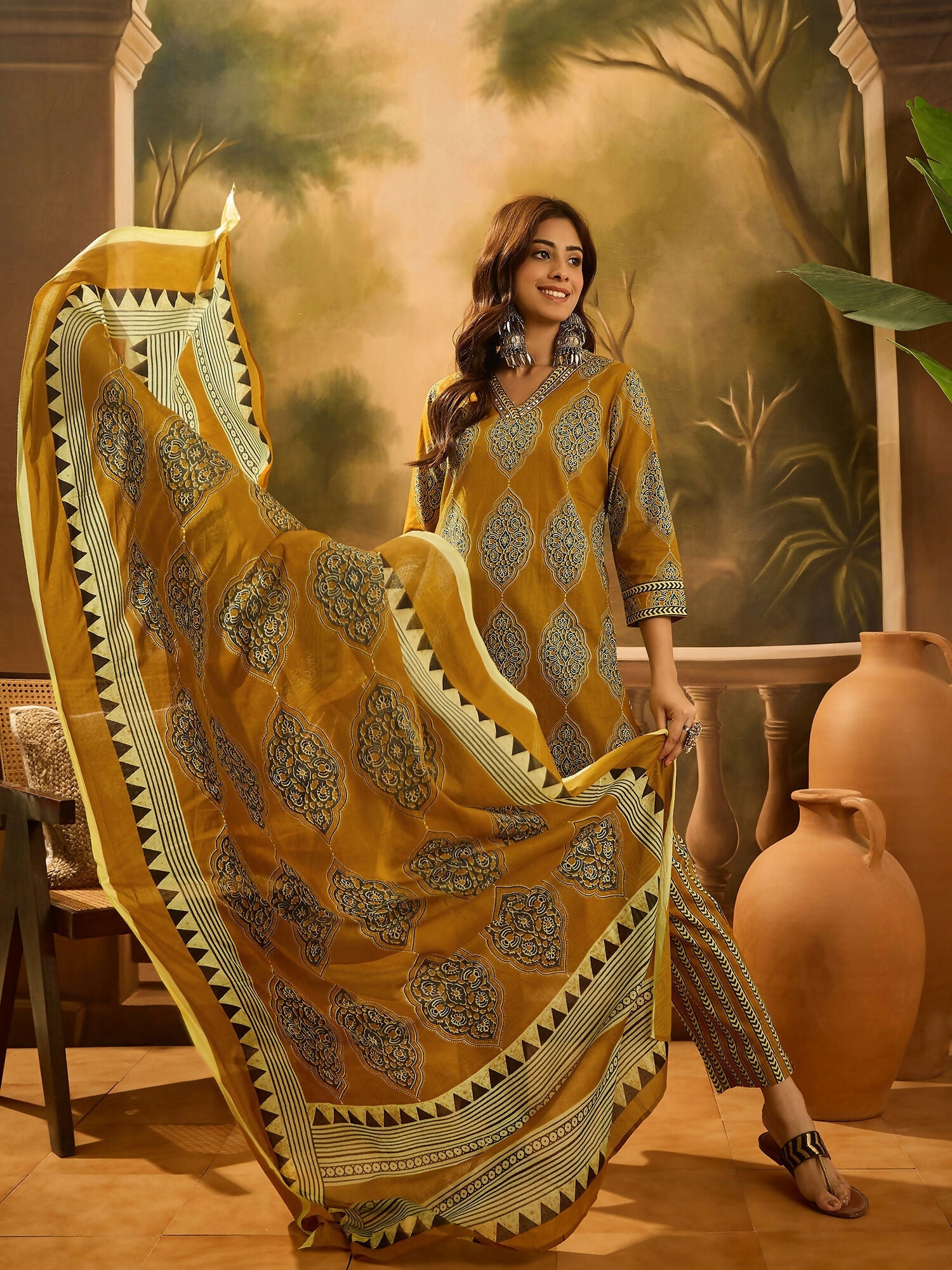 Joban Fashion Printed Mustard Pure Cotton Kurta Set