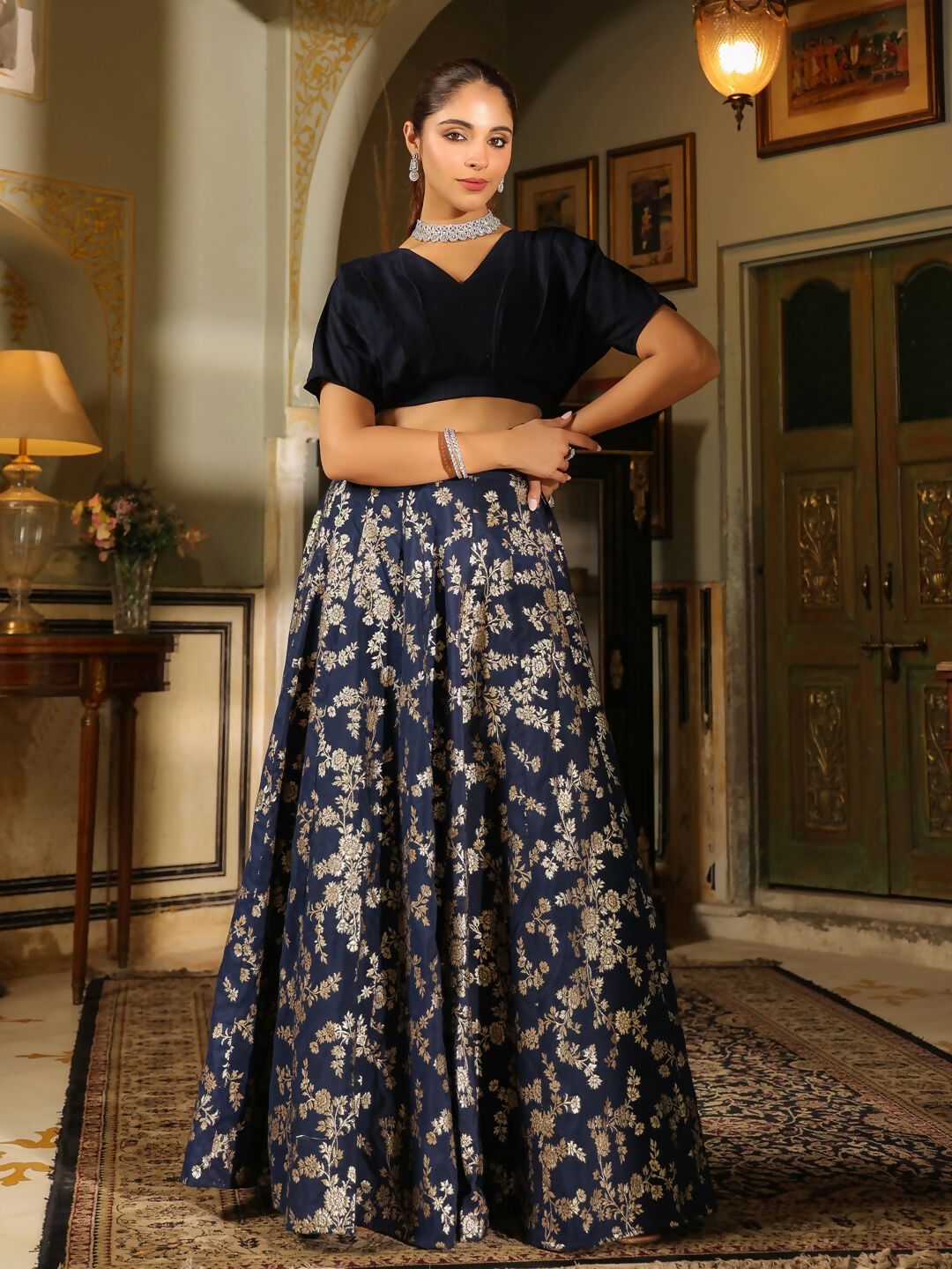 Janasya Navy Blue Silk Blend Solid Lehenga Choli 