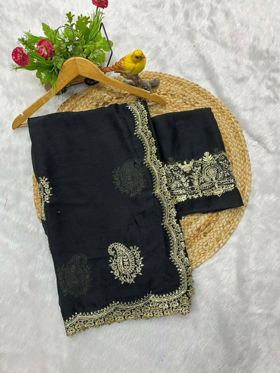 Joban Fashion Black Rangoli Crush Silk Party Wear Sarees