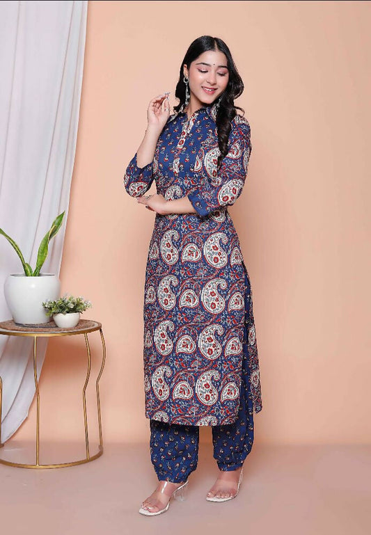 Miravan Womens Cotton Floral Printed Shirt-Collar Straight Kurta And Palazzo Set