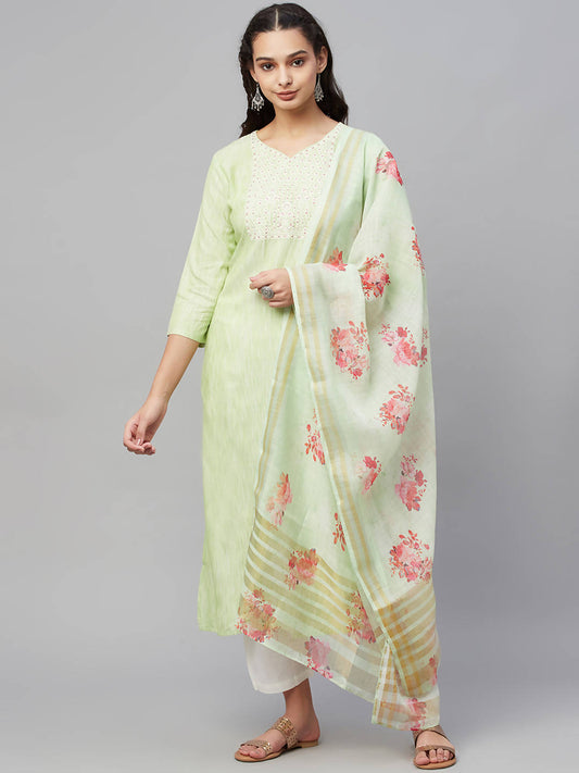 Myshka Green Embroidered 3/4 Sleeve V Neck Kurta Pant Dupatta Set