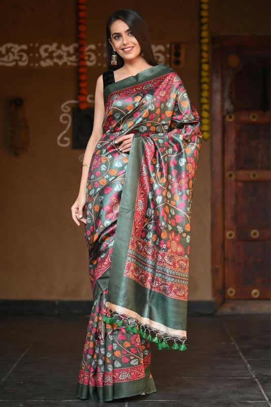 Very Much Indian Handloom Pure Tussar Silk With Floral Prints - Green - Grab2buy