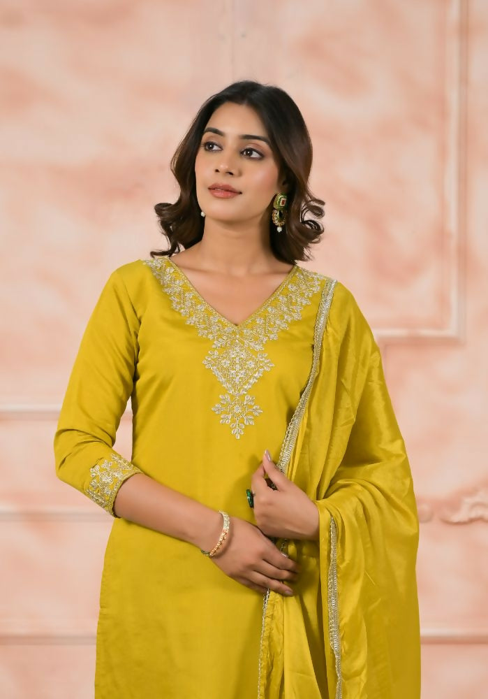 Ethnic Festive Wear Chanderi Yellow Stitched Suit With Dupatta - Anbazaar