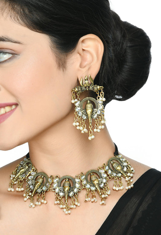 Mominos Fashion Johar Kamal Oxidised Gold-Plated Ganesha Design Necklace Choker Set - Grab2buy