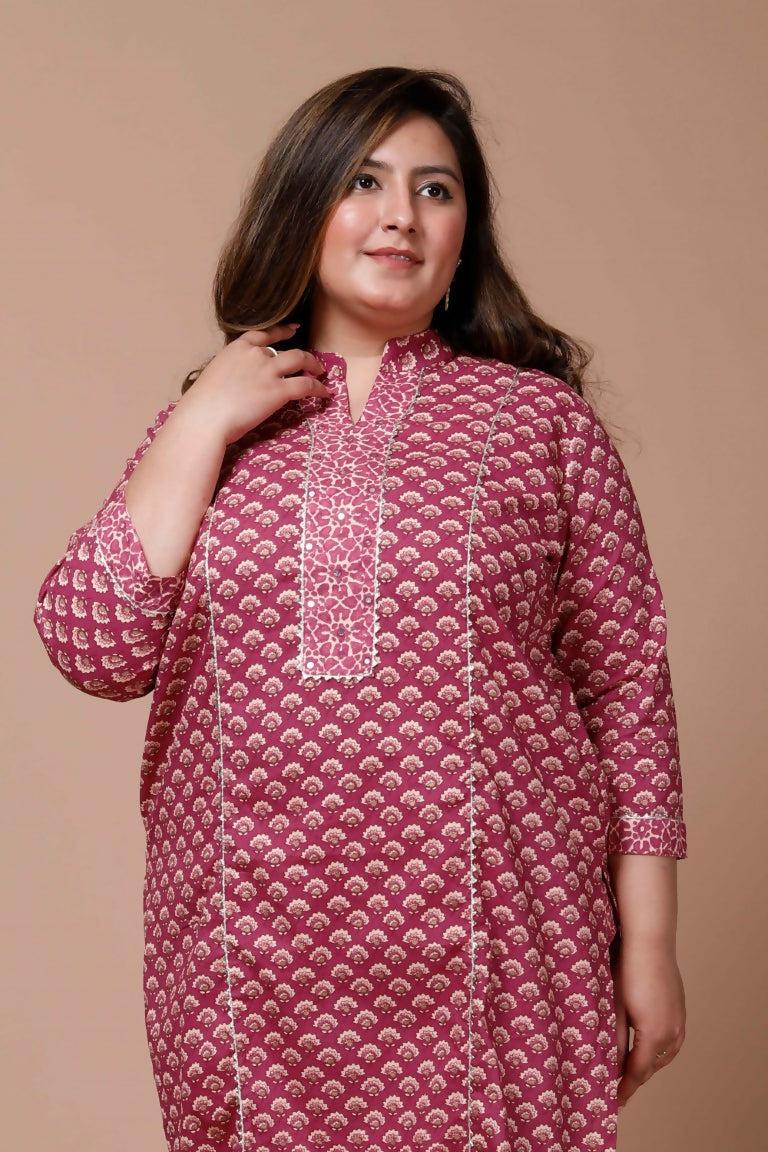 Miravan Women's Plus Size Pink Printed Gota Patti Cotton Kurta With Palazzo