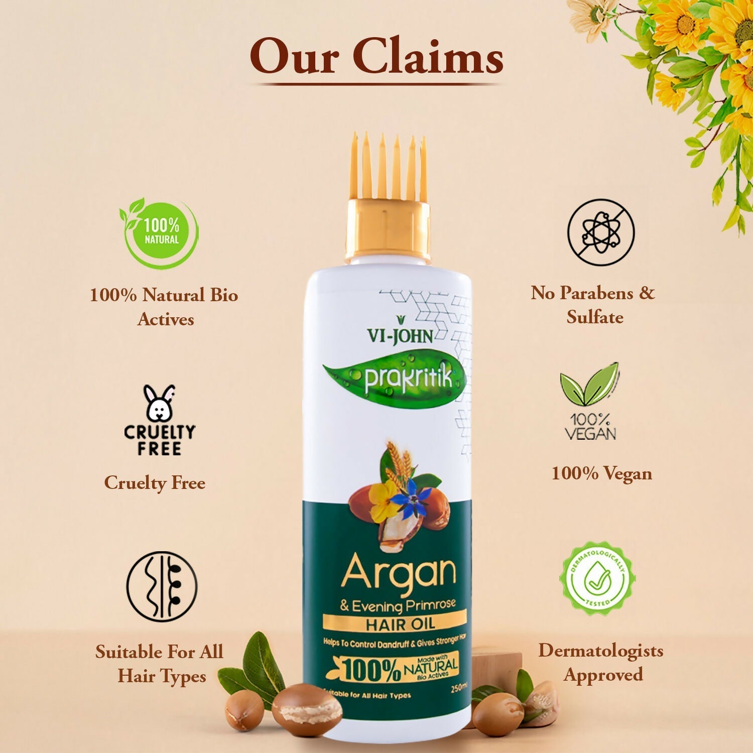 VI-JOHN Prakritik Argan & Evening Primrose Hair oil, Helps to Control Dandruff,100% Bio Actives Hair Oil  Grab2Buy VI-JOHN Grab2Buy