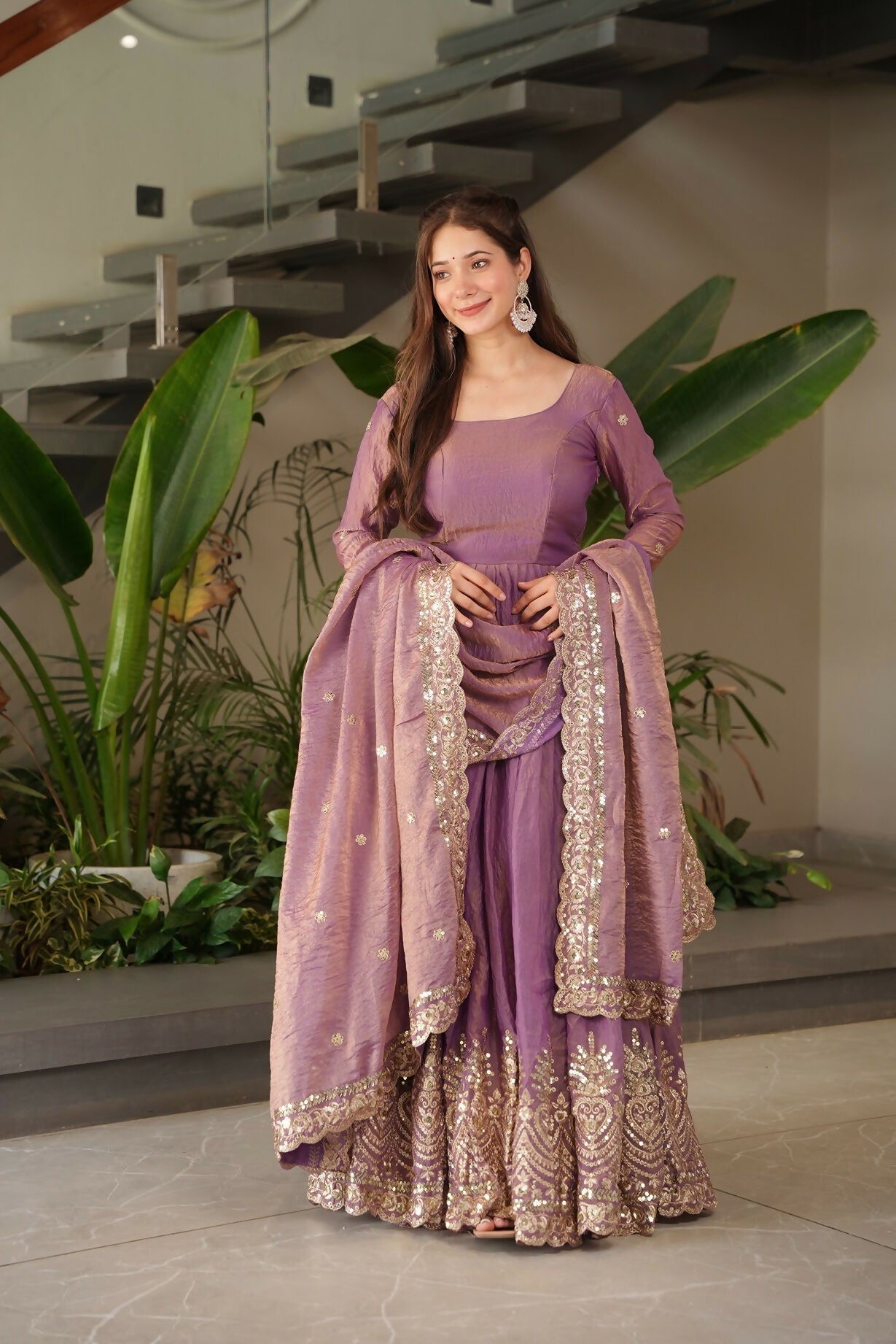 Teeya Creation Onion Color Fendy Silk Wedding Wear Embroidery Work Long Gown