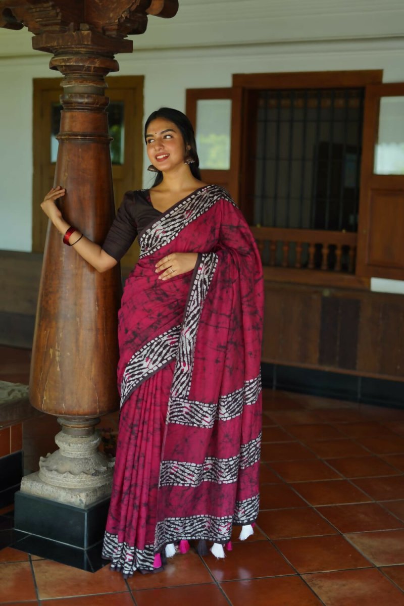 Arfa Fashion House Rani Pink Pure Chanderi Cotton Batik Printed Saree