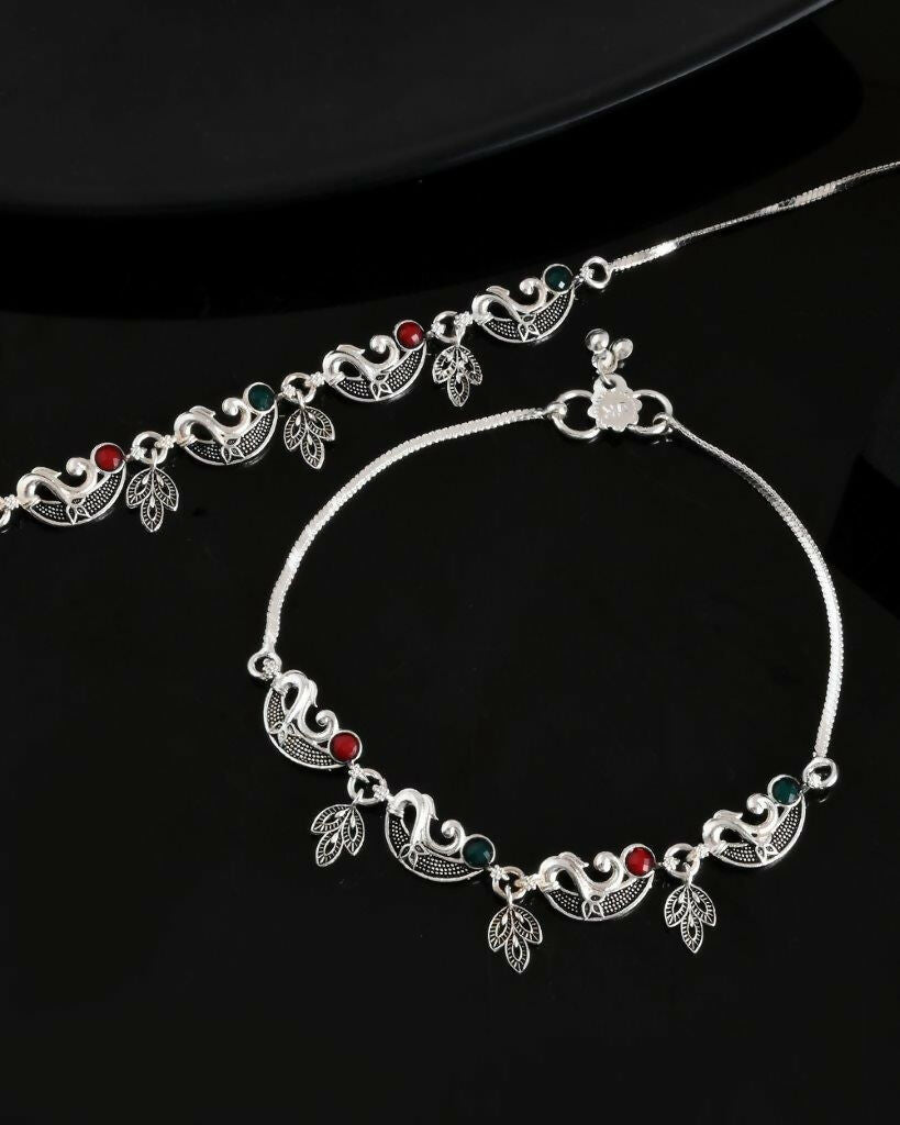 VOJ Set of 2 Silver Plated Meenakari Multi Color Anklet 