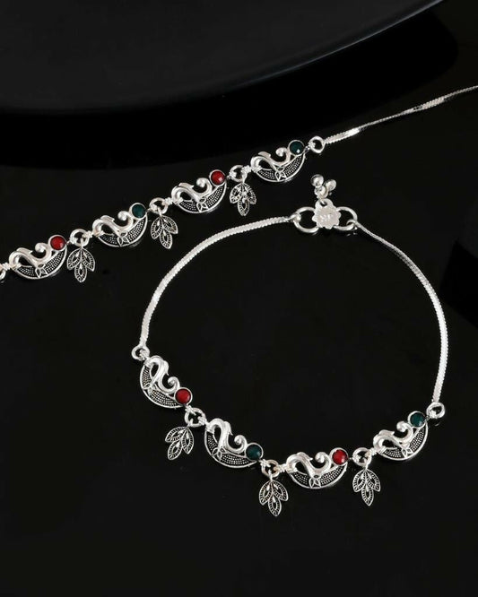 VOJ Set of 2 Silver Plated Meenakari Multi Color Anklet 