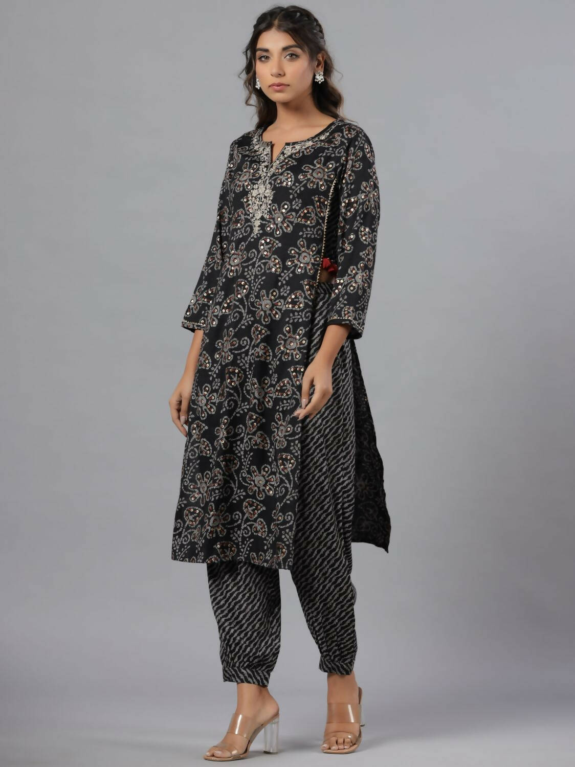 Juniper Women Black Rayon Slub Printed with Embroidered Kurta and Pants Set