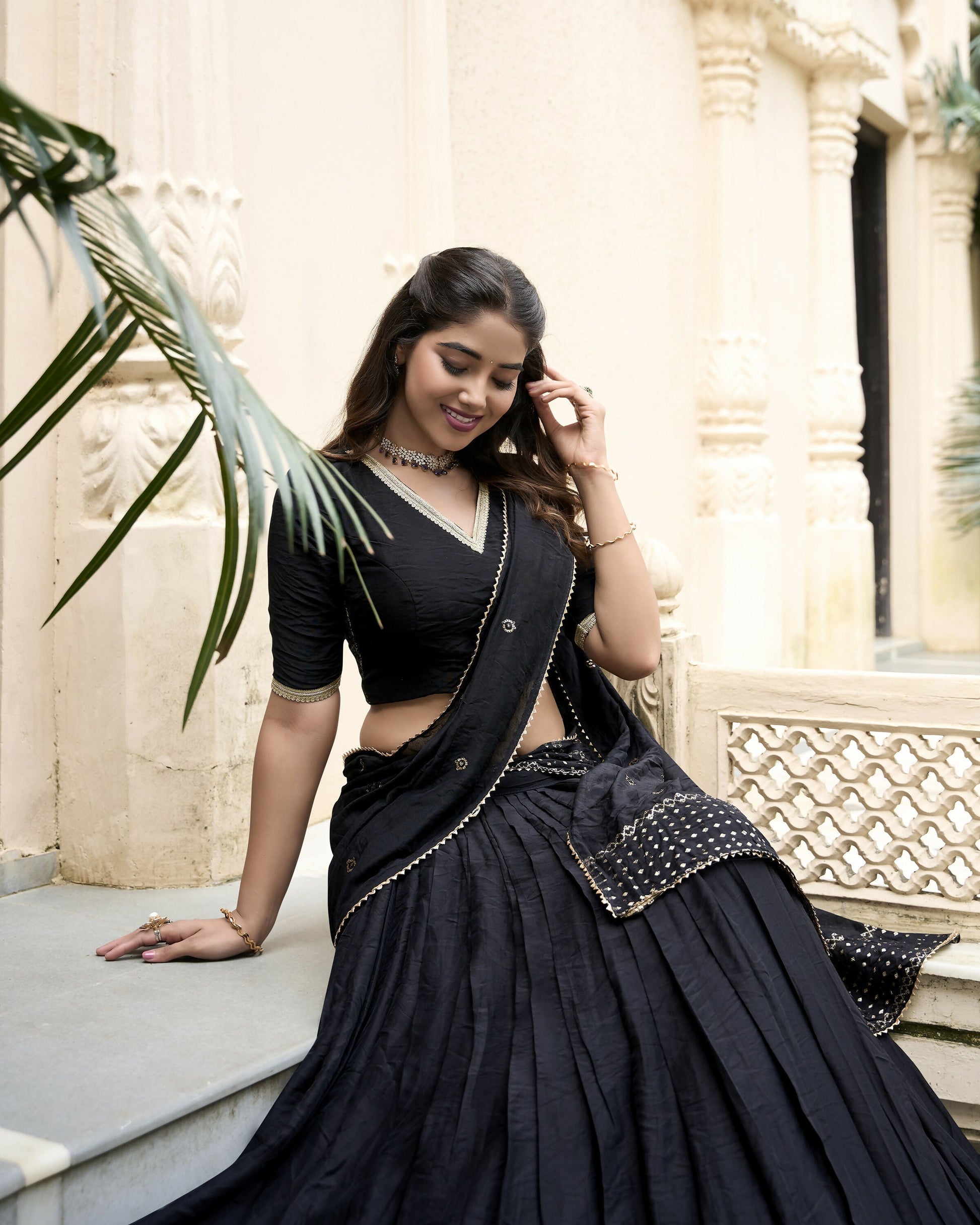 Lorenvalley Black Pure Chanderi Plain With Zari Weaving Work Border Lehenga Choli 