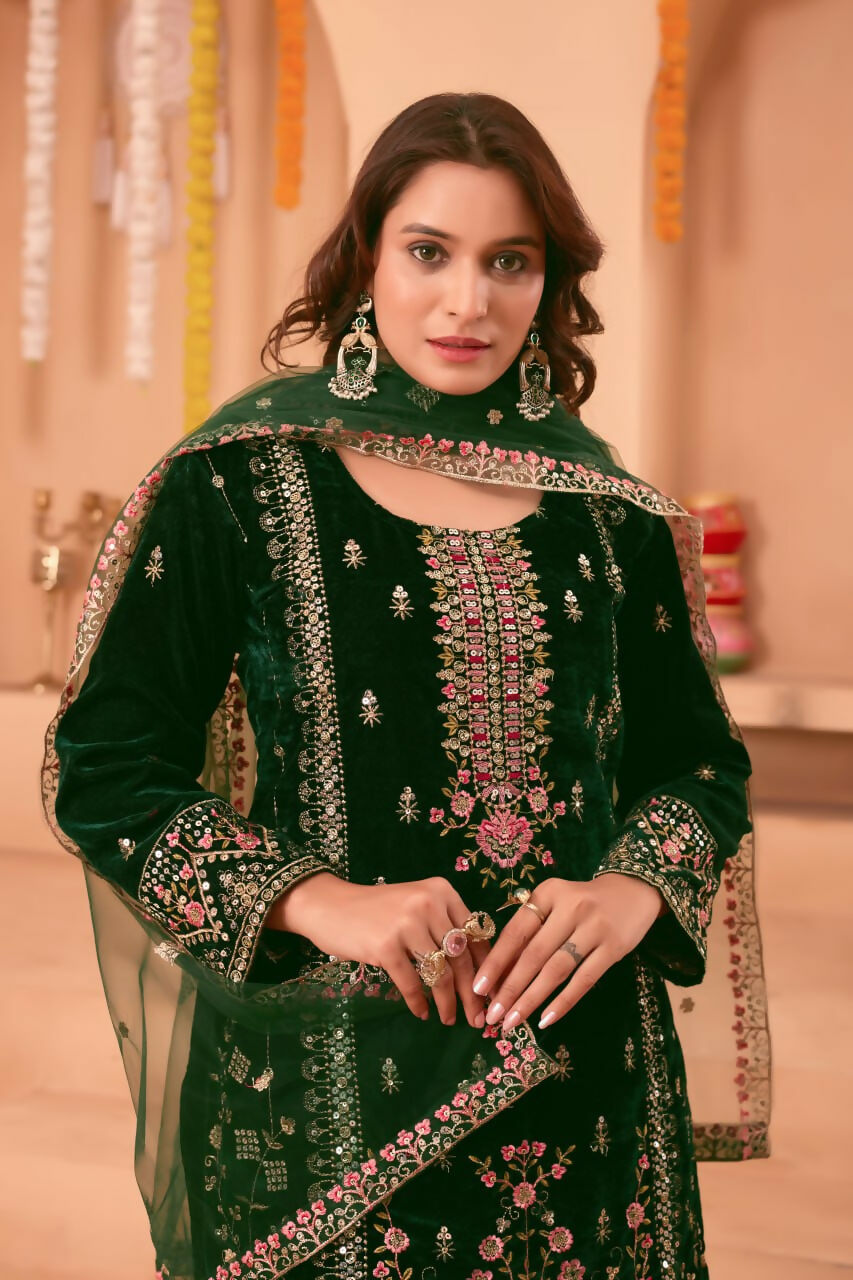Joban Fashion Green Velvet Embroidery Sequence Work Readymade Kurta Set
