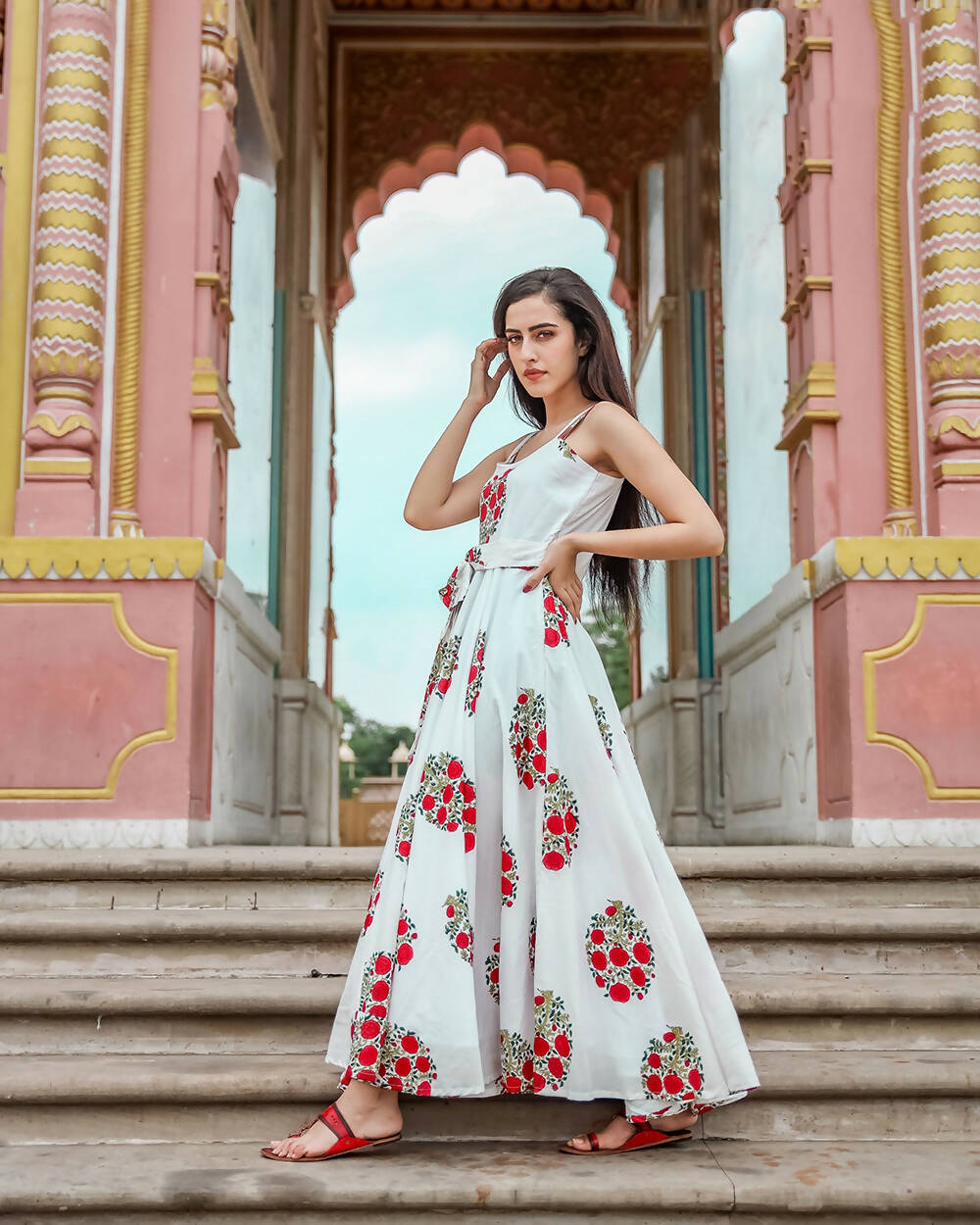 Designer Partywear Printed White Pure Maslin Gown - Anbazaar