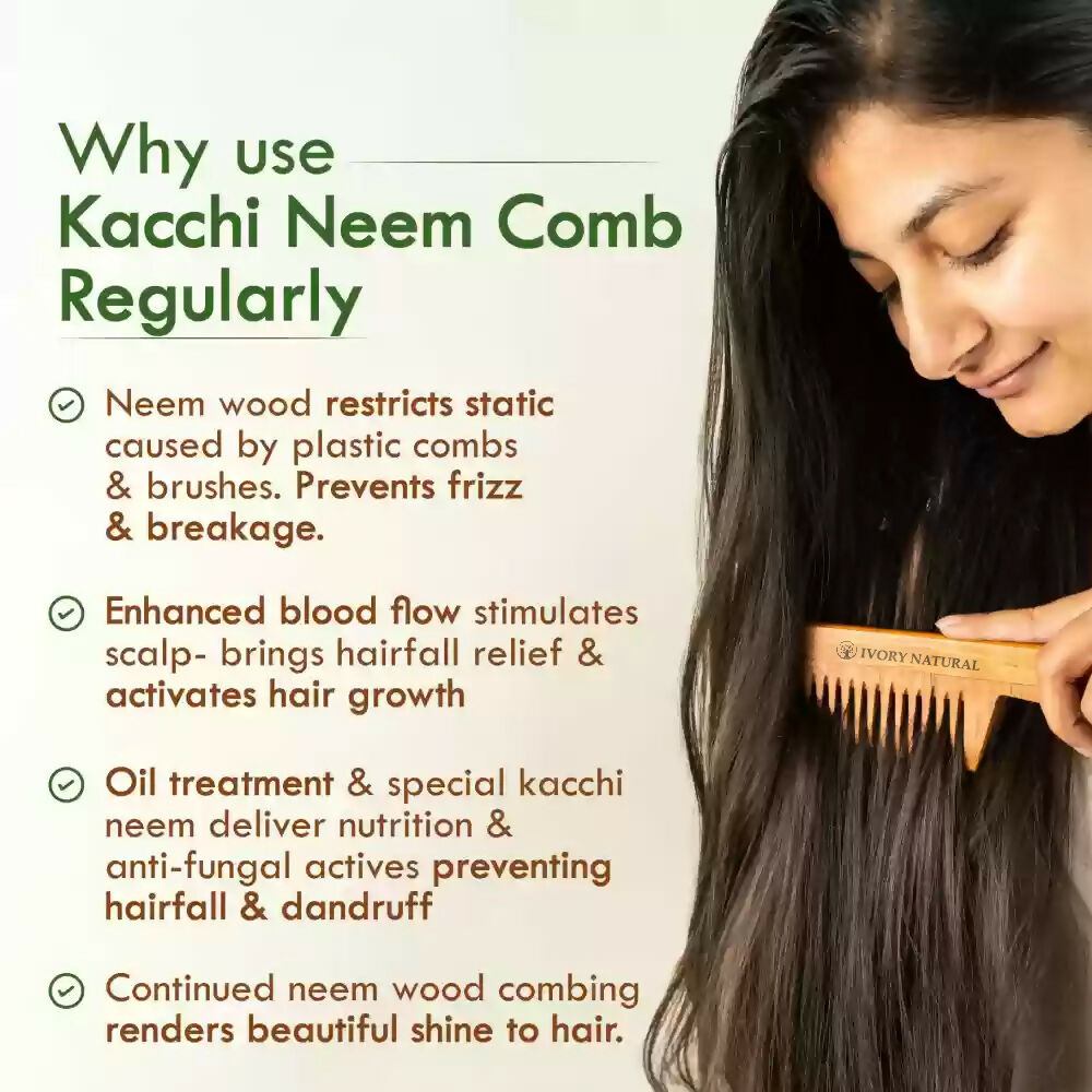 Ivory Natural Dual Tooth Kacchi Neem Comb Infused With Organic Oil For Gentle Detangling And Straightning Hair 