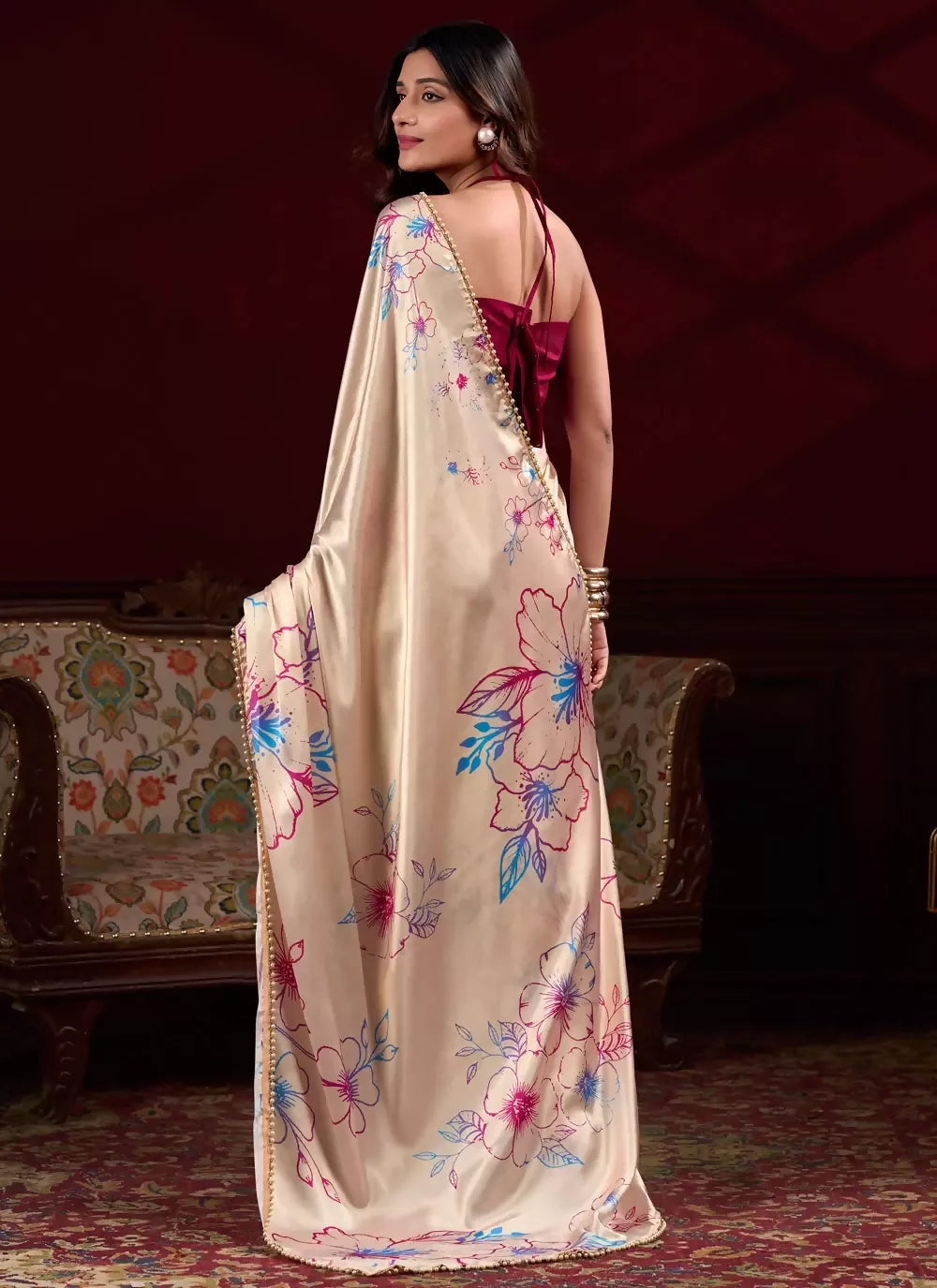 Vastranavya Cream Satin Silk Floral Printed with Pearl Lace Grab2Buy with Unstitched Blouse  Grab2Buy Vastranavya Grab2Buy