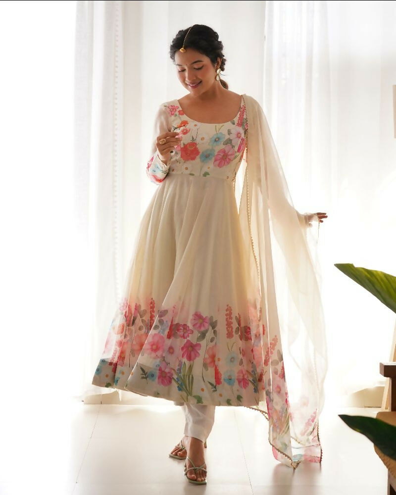 Joban Fashion Cream Kurta Set Organza Sequin Embroidery Work 