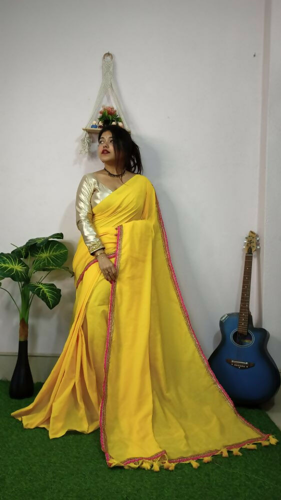 Exclusive Collection Beautiful Khadi Cotton Handloom Grab2Buy With Beautiful Zari Border - Yellow 
