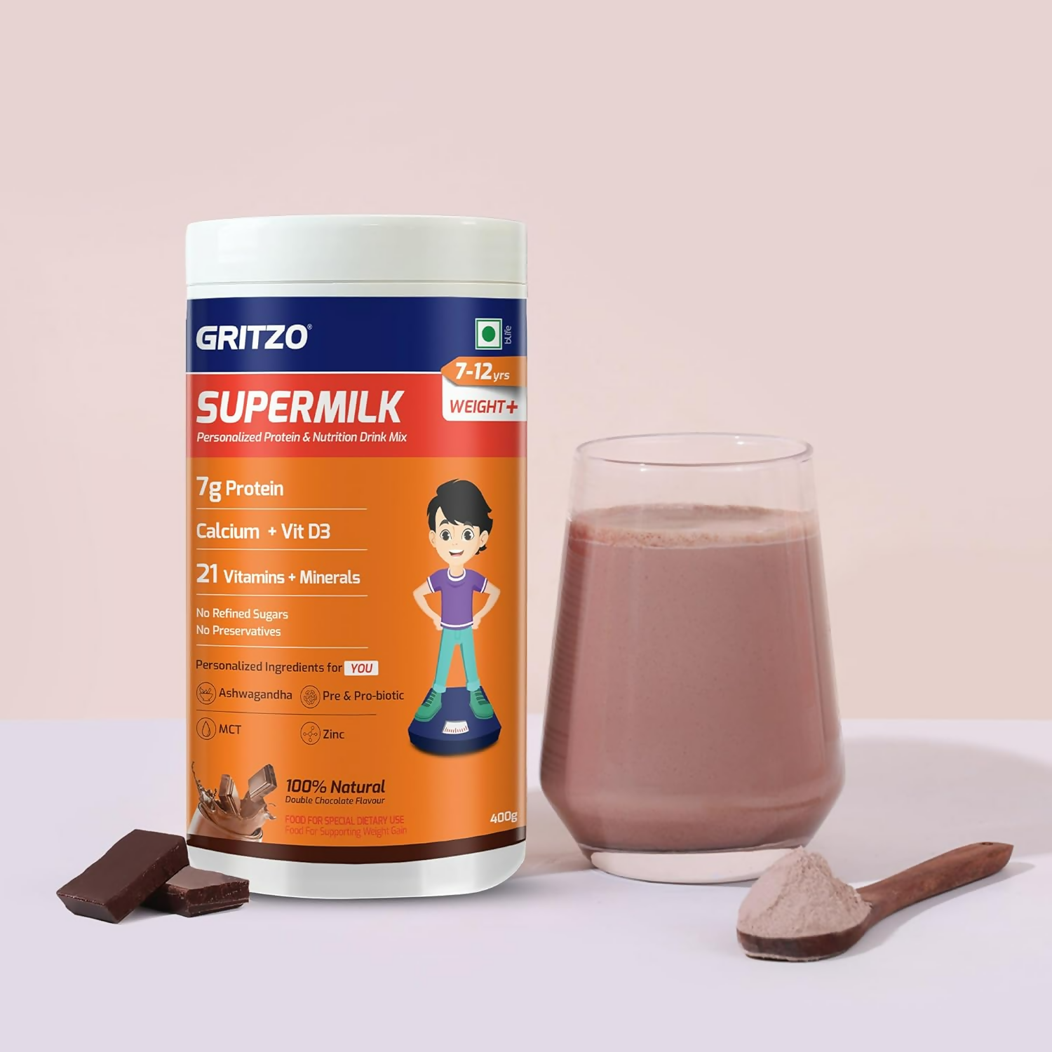 Gritzo SuperMilk Weight+ (13+y Boys), 10g Protein Powder (Double Chocolate)