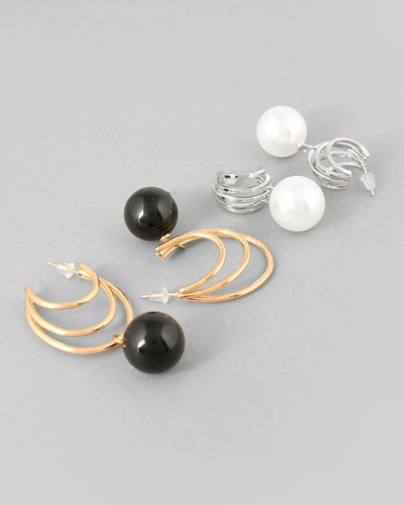 VOJ Set Of 2 Korean Drop Earrings - Gold Plated With Black Pearl and Silver Plated With White Pearl Earrings - Grab2buy